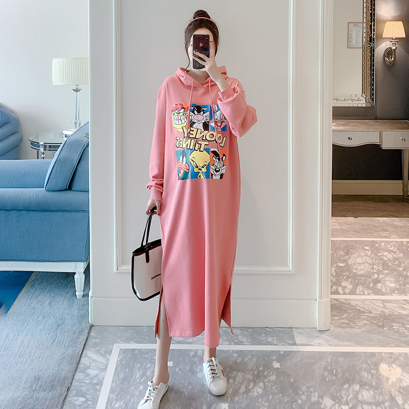 New Gestational Woman Dress Fashion Cartoon Pure Cotton Casual Blouse 2020 Autumn Winter Tide Moms Mid-Length Version With Cap Loose Korean Version Dress