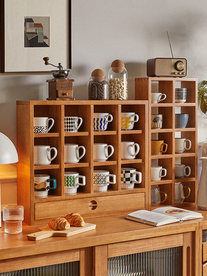 Solid Wood Cup Holder Grid Rack Wall-Mounted Storage Rack Coffee Cup Storage Display Rack Cherry Wood Color Cup Holder Desktop Shelf
