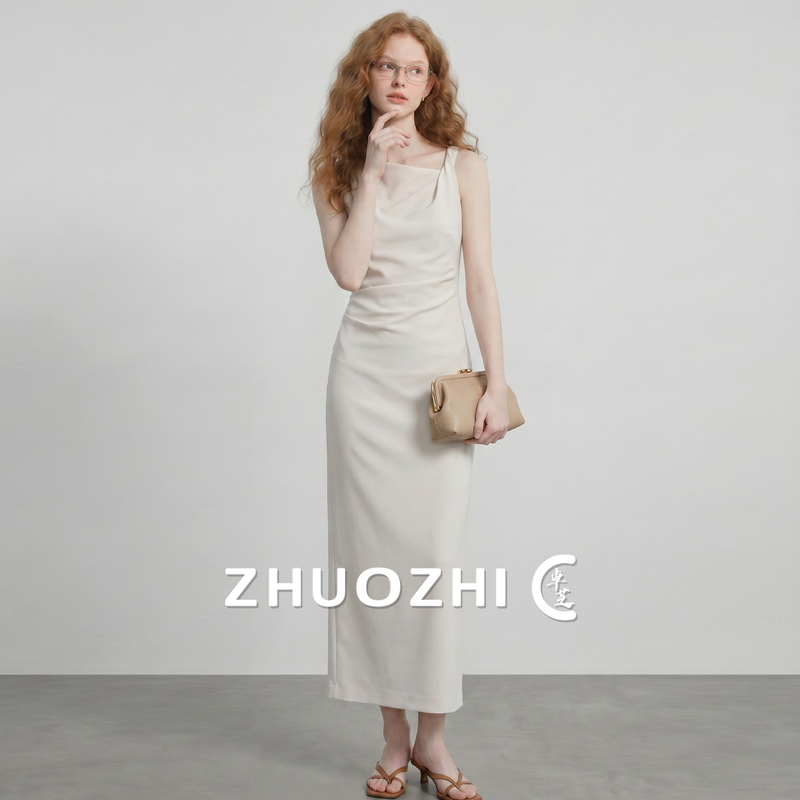 Zhuo Zhi French-Style Elegant Twist-Shoulder Strap Dress 2026 Summer New Elegant Slit Pleated Long Dress
