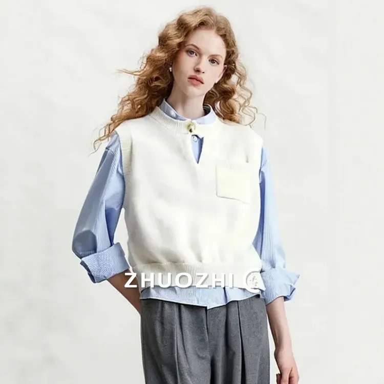Zhuo Zhi French-Style Soft Button-Up Hollow-Out Sleeveless Knit Top 2025 Autumn New Cream White Layered Vest
