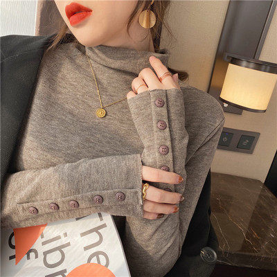 2021 Spring and autumn new women's clothing 100 hitch hitch high collar bottom-shirt long sleeve T-shirt autumn and winter polo blouses