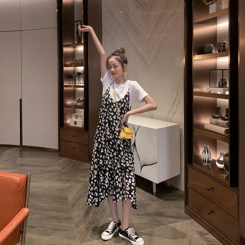 2021 summer new temperament goddess fan skirt suit female daisy chiffon suspender two-piece dress