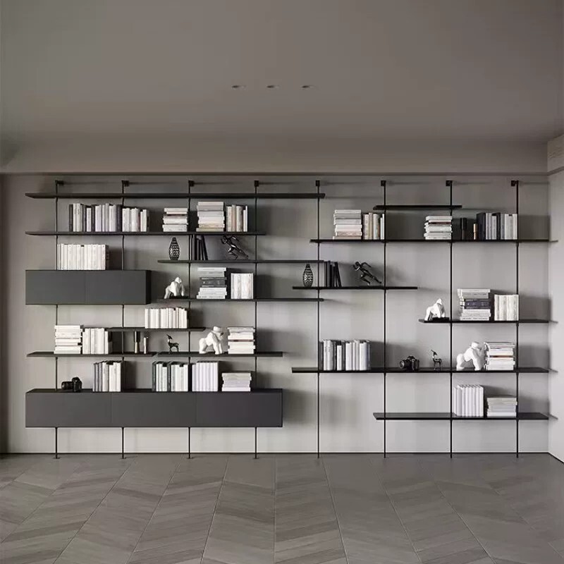Italian-Style Minimalist Bookshelf, Creative Wall-To-Wall Bookcase, Multi-Layer Wall-Mounted Storage Rack for Study Room, Floor-Standing Iron Partition Display Rack