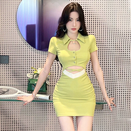 Летнее платье, сексуальная юбка, воротник поло, подходит для подростков, с акцентом на бедрах