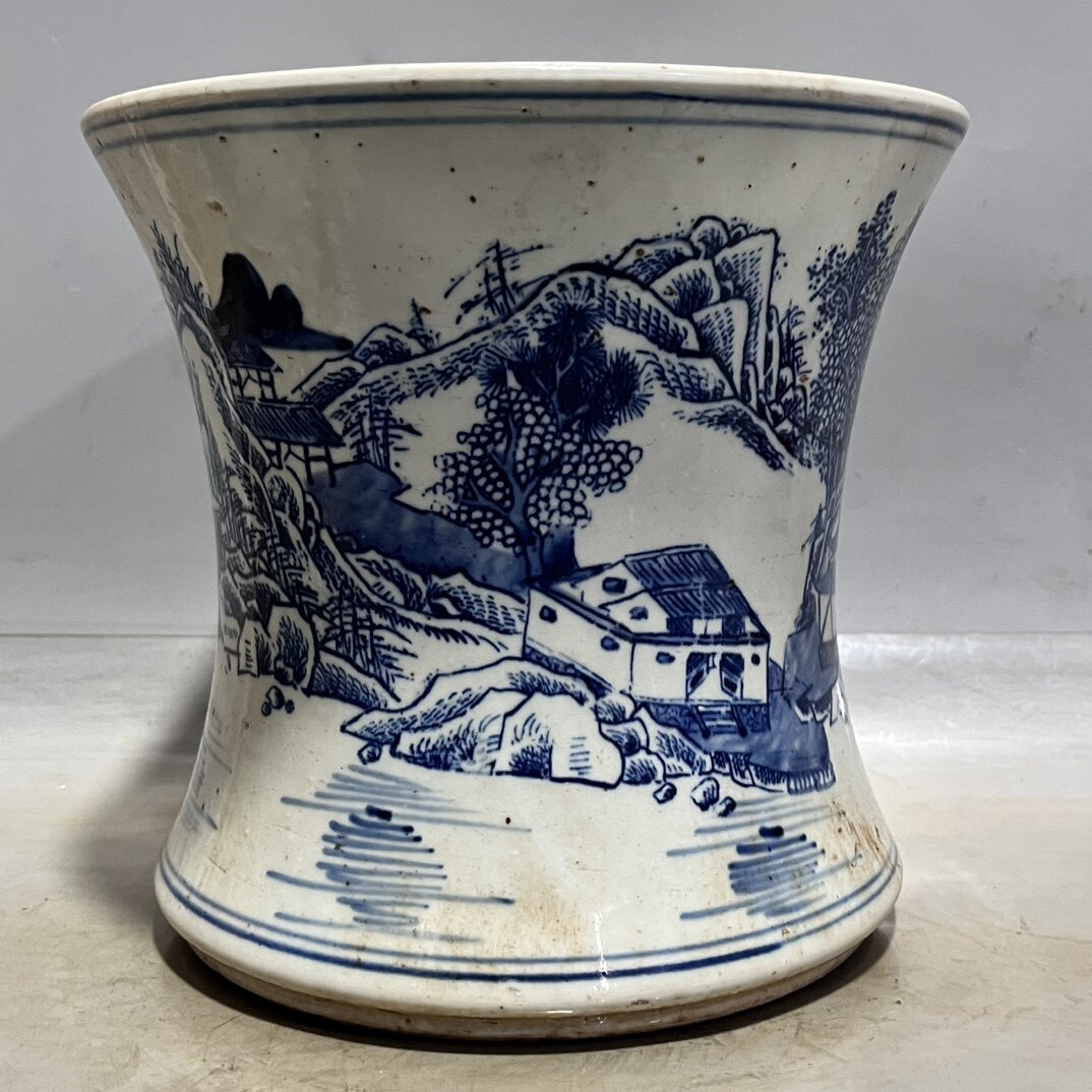 清時代 康熙年製 盘口瓶 青花山水文瓶 陶磁器 花瓶 古美術品 旧家