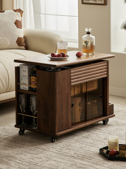 黑胡桃木旋转茶几小户型客厅家用沙发边柜可移动小推车巴士边几