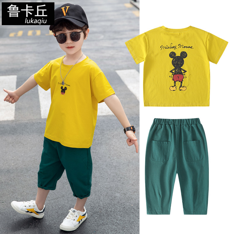 trẻ em mùa hè của bộ phim hoạt hình cậu bé ngắn tay trẻ em T-shirt 7 điểm sóng không khí quần quần short set boy của hai mảnh thông thường.