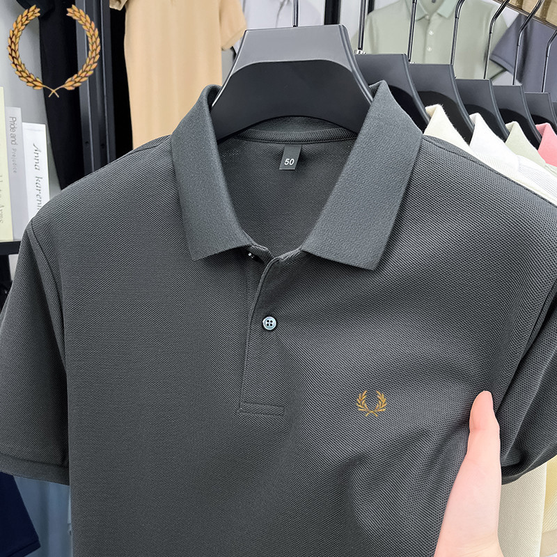 Authentic Fp Wheat Ear Short-Sleeve T-Shirt for Men, Pure Cotton Polo Shirt with a Collar, Business Casual Solid Color Half-Sleeve Base Shirt for Summer