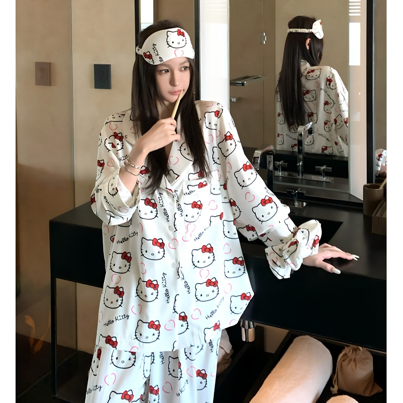 Kitty Printed Silk Pajamas for Women, Summer Thin Two-Piece Set, Sweet and Cute Home Wear, Gift Box for Best Friends Kitty Printed Silk Pajamas for Women, Summer Thin Two-Piece Set, Sweet and Cute Home Wear, Gift Box for Best Friends