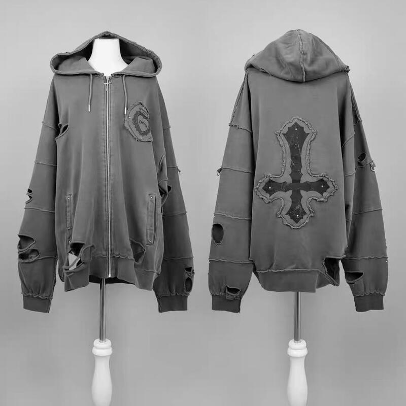 Sweet Little Fox Cross Vintage Subculture Distressed Gothic Punk Hooded Sweatshirt Cardigan Jacket