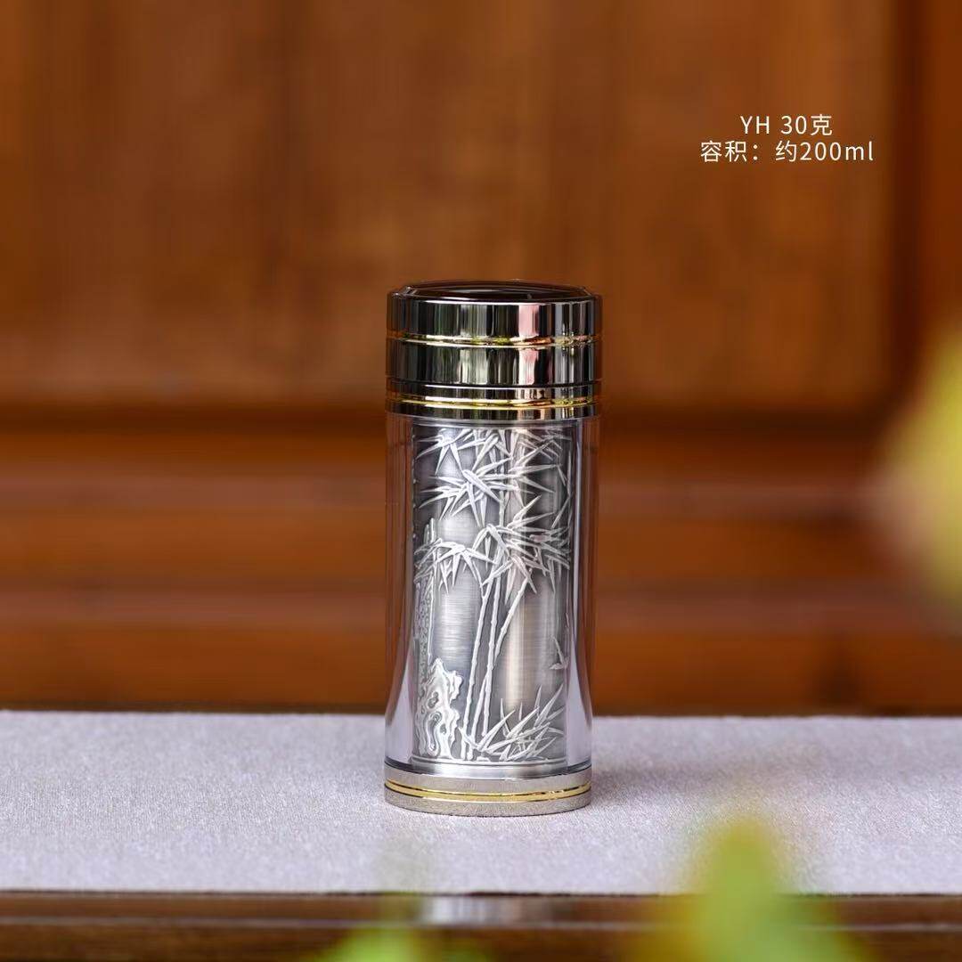 純銀　銀杯　銀盃 銀盃子999純銀雲南雪花銀水杯純銀內膽保溫杯足銀茶杯熟銀食用銀-淘寶