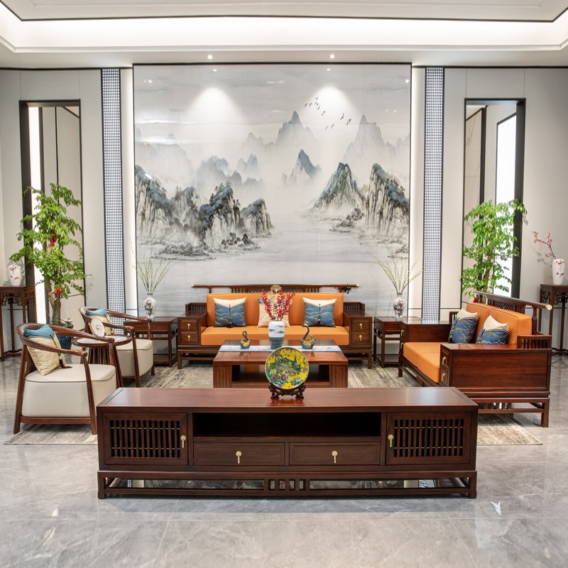 New Chinese style solid wood sofa combination ebony wood Zen modern high-end living room retro large flat-floor villa