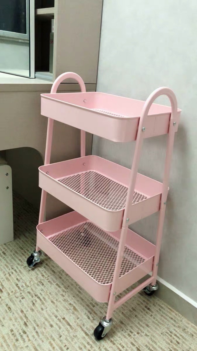 Mobile kitchen shelf storage in wheeled trolley beauty land (1627207:3737518900:sort by color:Cherry pink cart;148902915:8930749:Layer number:1 story)