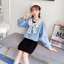 Girl coat autumn 2021 new autumn foreign style girl childrens clothing spring and autumn childrens denim coat two-piece tide