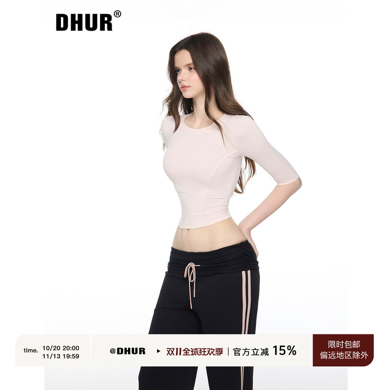 Dhur Original Design Light Pink Three-Dimensional Cut Short Five-Quarter Sleeve T-Shirt Top for Women