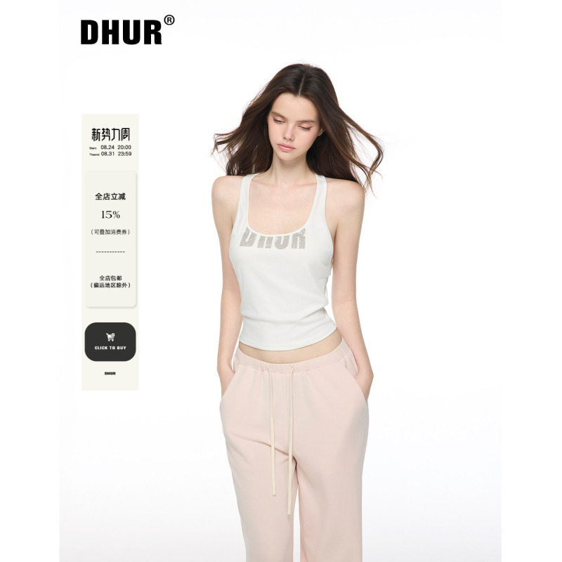 Dhur American Style Spicy Girl 65% Bamboo Fiber White Distressed Print Racerback Slim Fit Tank Top Base Layer Top