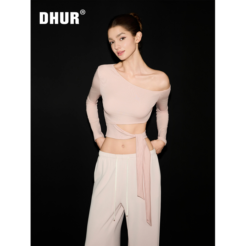 Dhur Original Nude Pink Off-Shoulder Waist-Revealing Tie-Up Top for Women, Short Long-Sleeved Irregular Pure Desire Crop Top T-Shirt
