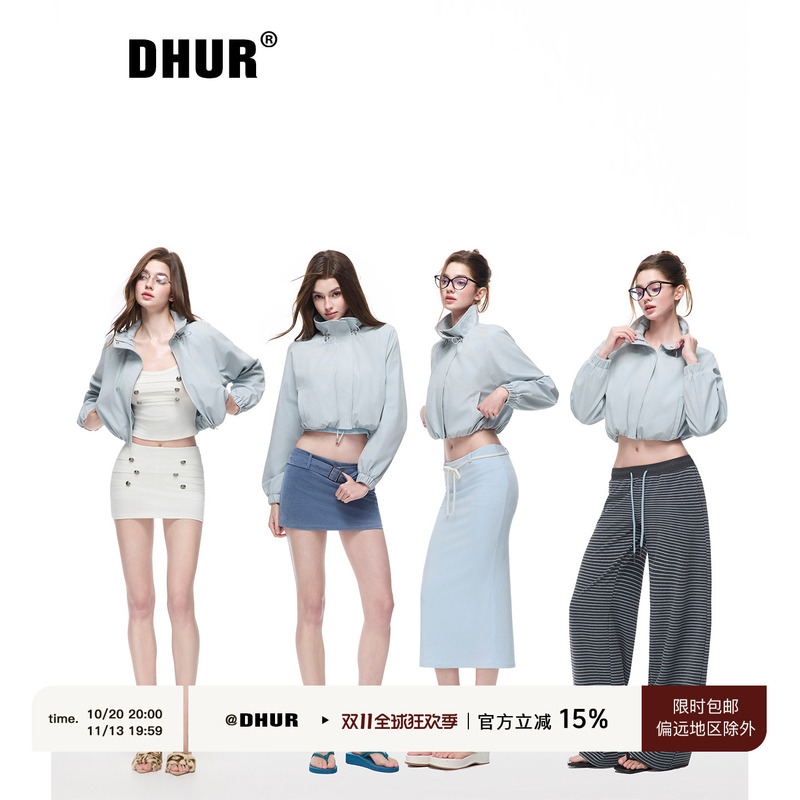 Dhur Original Blue Short Trench Coat for Women, Stand Collar Drawstring Work Jacket, Hot Girl Waist-Revealing Short Top Dhur Original Blue Short Trench Coat for Women, Stand Collar Drawstring Work Jacket, Hot Girl Waist-Revealing Short Top