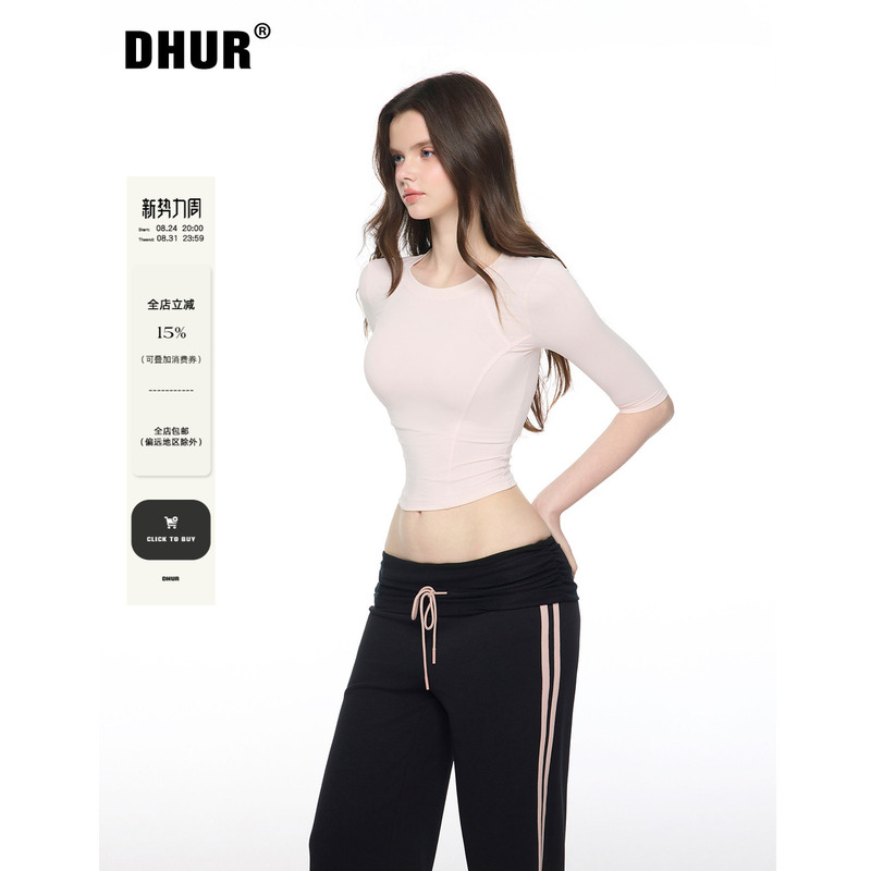 Dhur Original Design Light Pink Three-Dimensional Cut Short Five-Quarter Sleeve T-Shirt Top for Women
