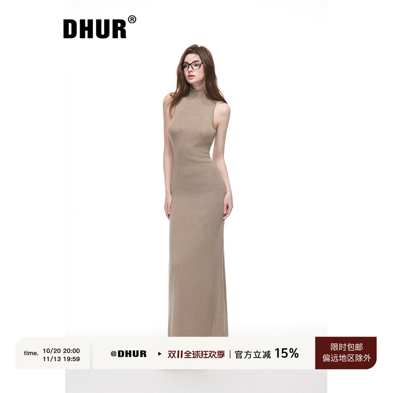 Dhur Original Wool Blend Half-High Collar Dress for Women, Sleeveless, Slim Fit, Hip-Hugging, Long Knitted Vest Dress