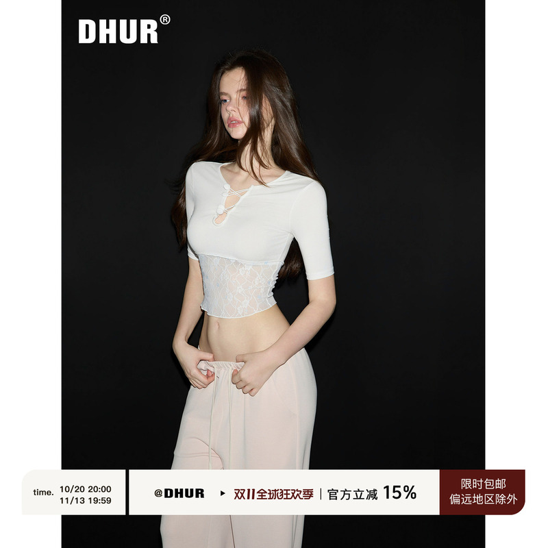 Dhur Pure Desire Style 90% Lyocell White Deep V-Neck Hem Lace Patchwork Slim Fit Short Sleeve T-Shirt