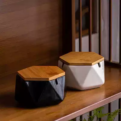 Nordic ins Morandi ceramic decoration ashtray creative personality with lid Bamboo and wood windproof simple modern ornaments