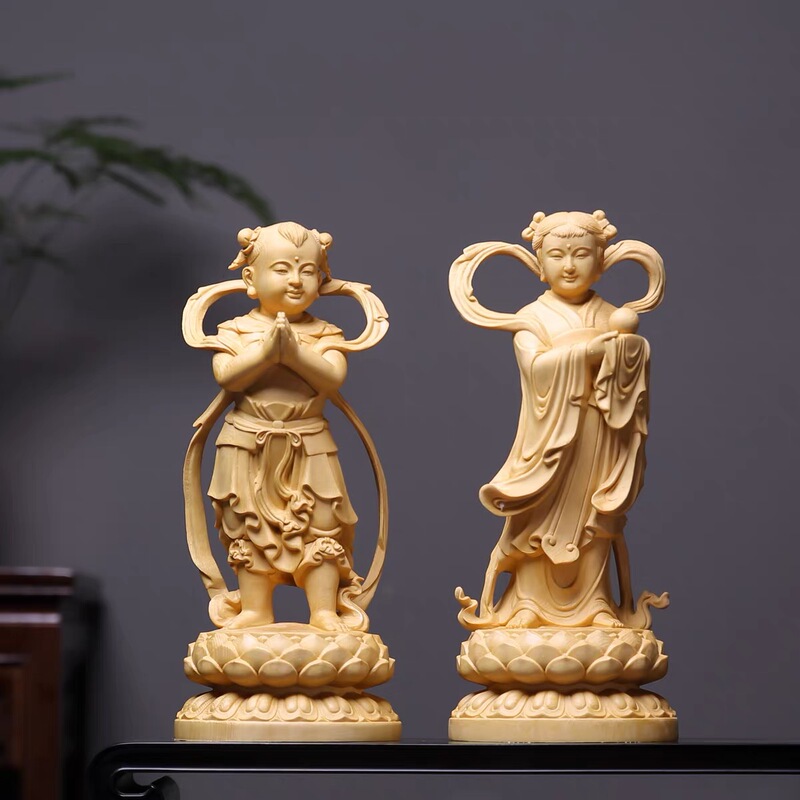 Cypress and Boxwood Carved Figurines of Golden Children, Jade Girls, and Wealth-Bringing Children, Dragon Girls, Solid Wood Guanyin Guardian Deity Crafts