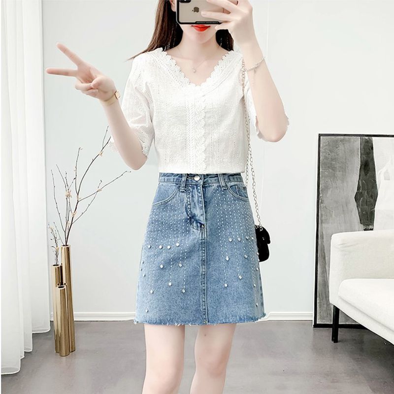 SANDRO VENETA Fashion Suit Skirt Woman Summer New Minus age Yankees V neckline Shirt Denim Half Body Dress