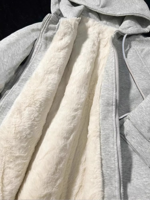 Lamb Wool Plush Sweatshirt for Women, Autumn and Winter 2025 Popular Style, Hooded Loose Cardigan Jacket, Fleece-Lined and Thickened, American High-End Style