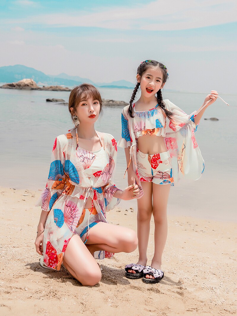 Parent-child bathing suit A family of three mother and daughter new fairy fan baby cute children's students soak hot spring swimsuit