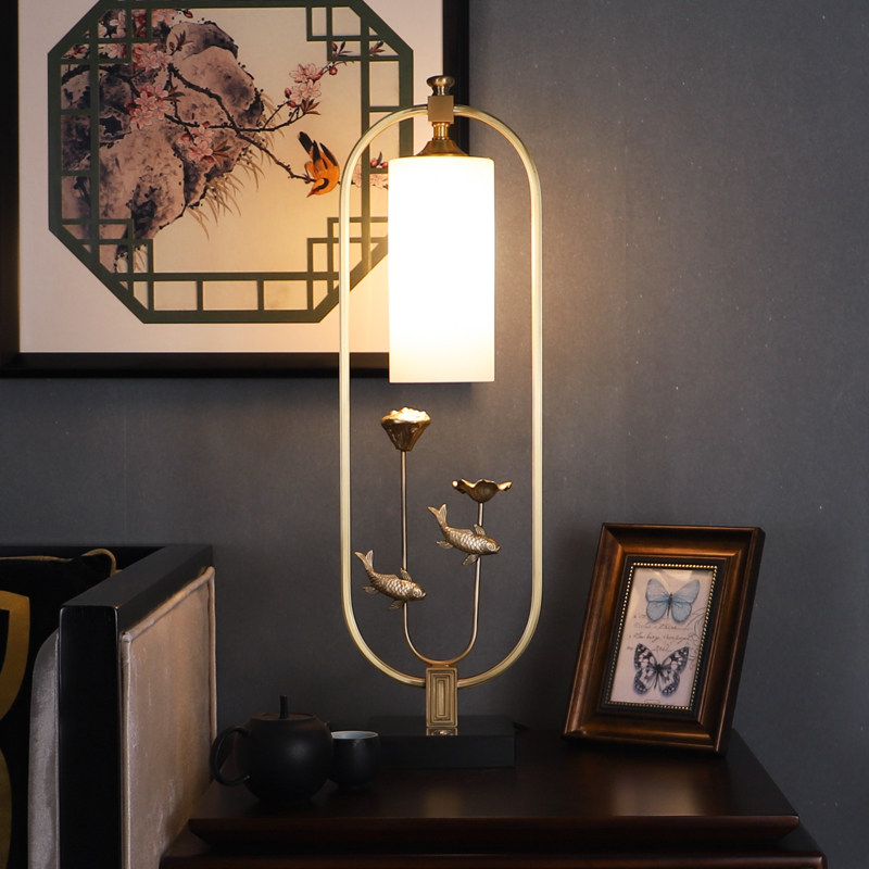 Table lamp bedside lamp bedroom new Chinese style living room wedding study retro home Pisces Zen light luxury all copper lamps
