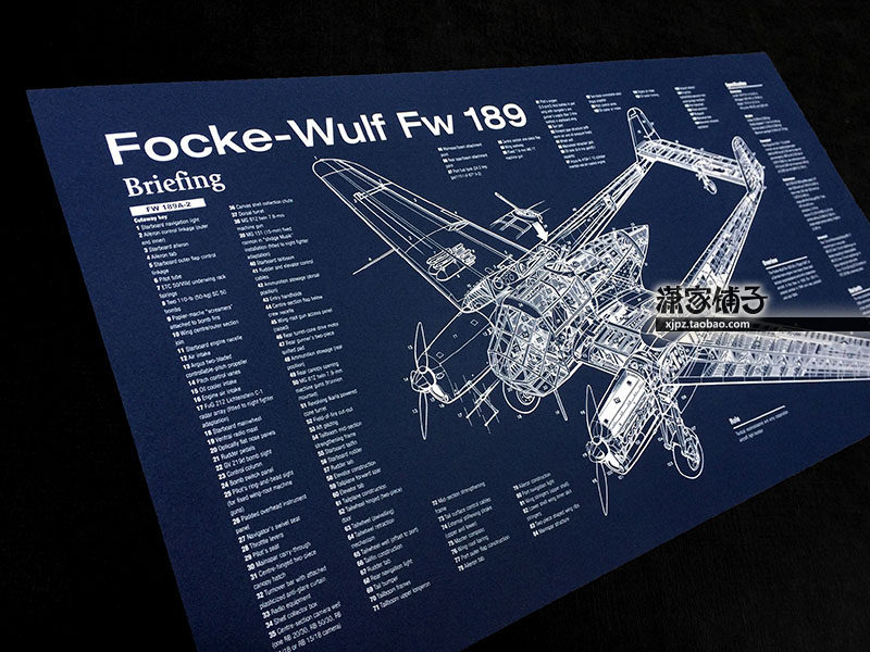 World War II German Fokker Wolf Fw 189 Owl Armed Reconnaissance Aircraft Structural Blueprint Poster Decorative Painting