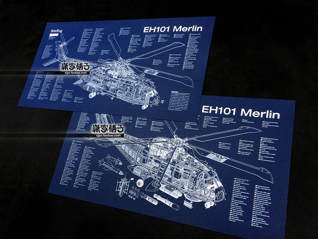 AW EH-101 Grey-backed Falcon Shipborne Helicopter (Set) Structure Diagram Blueprint Poster Decorative Painting