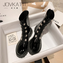 Thick-soled Martin boots womens British patent leather star rhinestone boots 2022 new autumn and winter black leather short boots