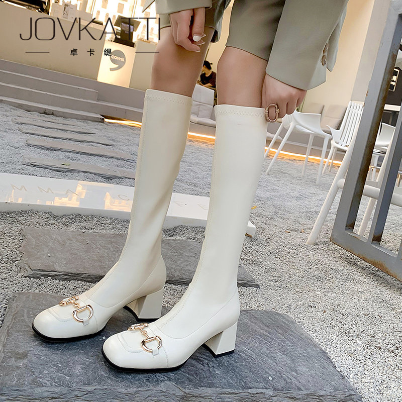 Horsebit boots women's 2022 new thick-heeled high-heeled thin white knight boots square toe tall boots