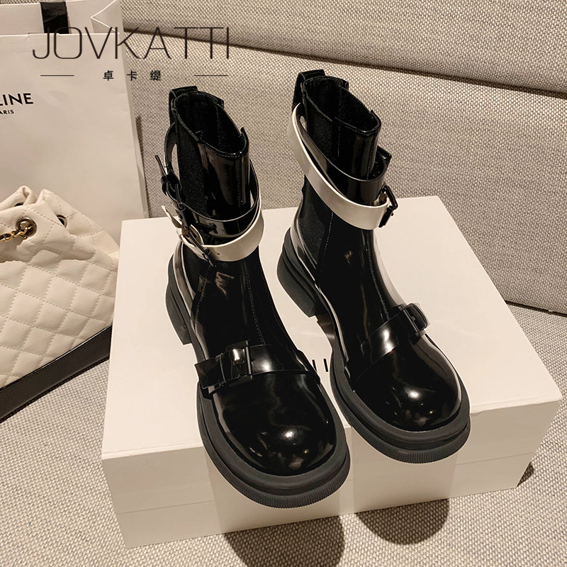 Belt buckle Chelsea short boots women's thick heel patent leather winter plus velvet boots 2022 new round toe thick bottom Martin boots