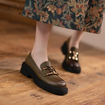 Jovkattis leather thick Lefu shoes girl 2023 new casual round head coarse heel shoes English small leather shoes