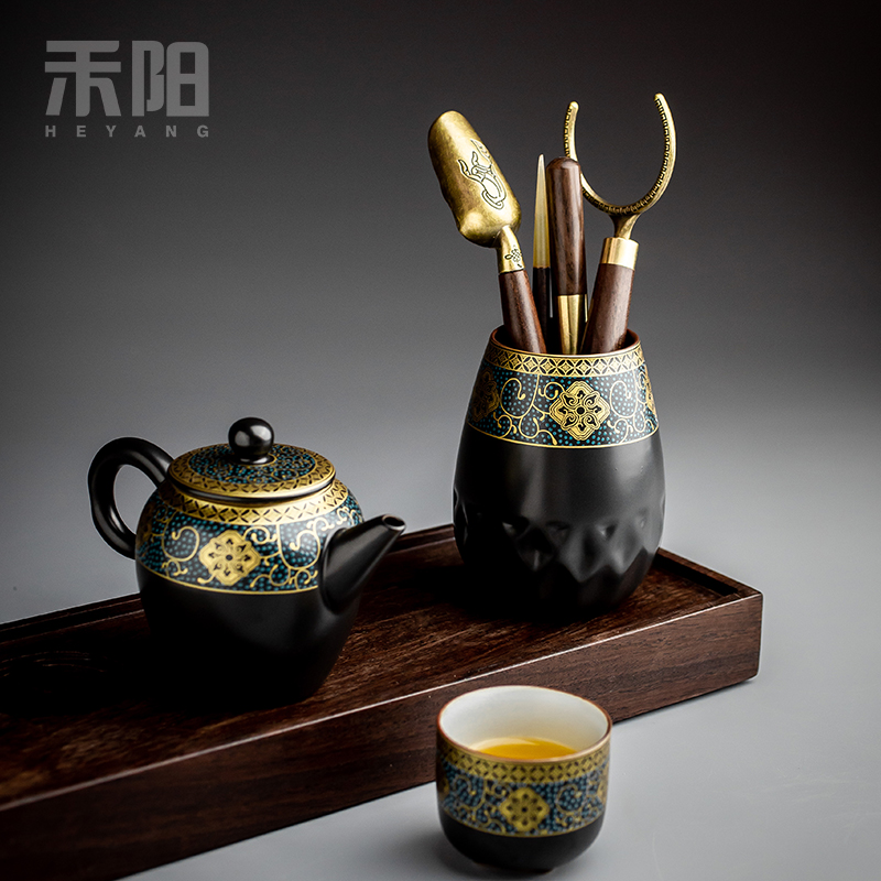 Send Yang retro gold tea six gentleman 's suit household ceramic tea set tea tray parts kung fu tea tea art