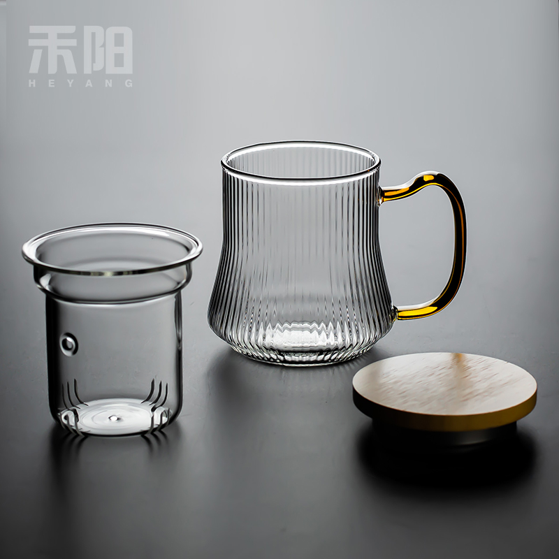 Send Yang Japanese heat - resistant glass cup three filtering water glass tea cup with lid office flower tea cups