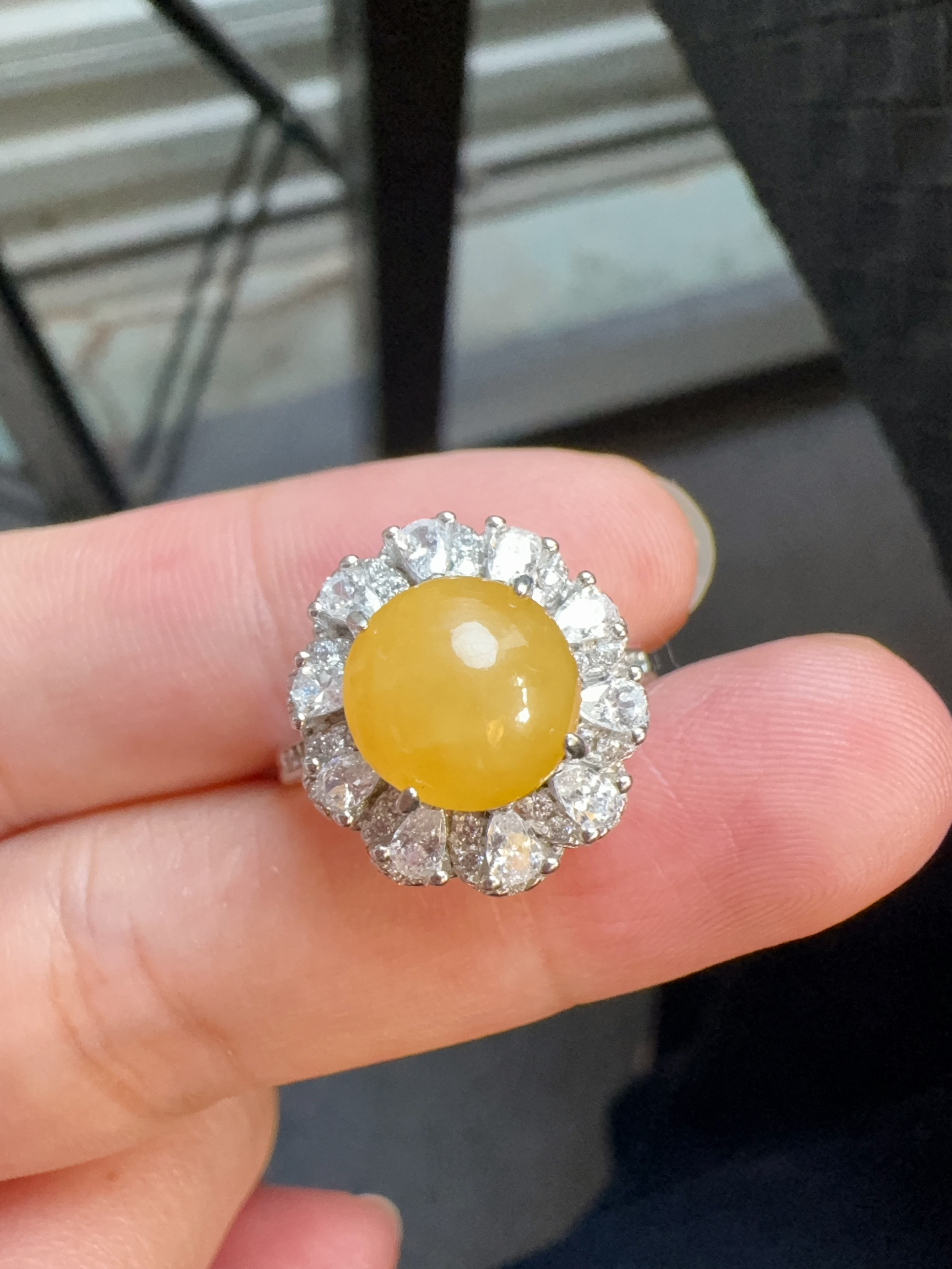 Natural A grade jade yellow jade cabochon ring natural unfired sterling silver design
