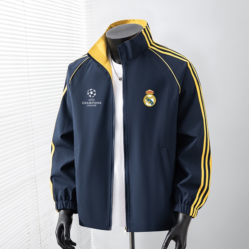 Champions League Real Madrid Sports Jacket Men's Stand-Up Collar Jacket Spring and Autumn Three-Stripe Zipper Cardigan Football Fan Top Champions League Real Madrid Sports Jacket Men's Stand-Up Collar Jacket Spring and Autumn Three-Stripe Zipper Cardigan Football Fan Top