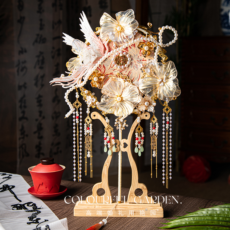 Yanyuan「黄金年」古代スタイルの重厚な結婚秀和丸扇子花嫁ウェディング扇子手作りDIY材料パッケージ