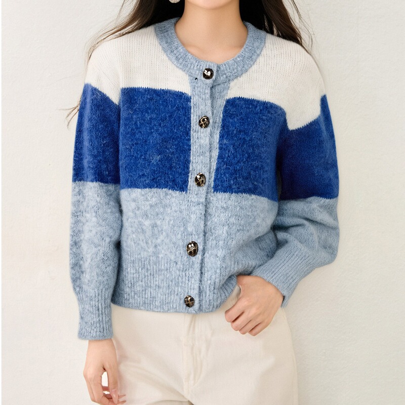 2025 Color-Block Striped Alpaca Wool Soft Short Sweater Coat for Women, Autumn and Winter Lazy Style Knitted Women's Top