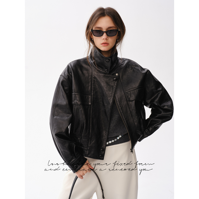【New Zealand Black Knight】Fresh Moi Matte Soft Sheepskin Stand Collar Lightly Waxed Genuine Leather Jacket