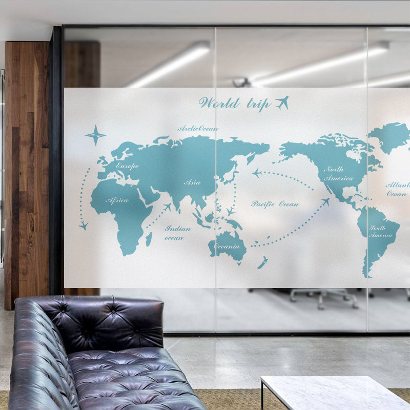 Custom Frosted Glass Adhesive Film Electrostatic Film Book House Kindergarten School Education Office Sticker-World Map