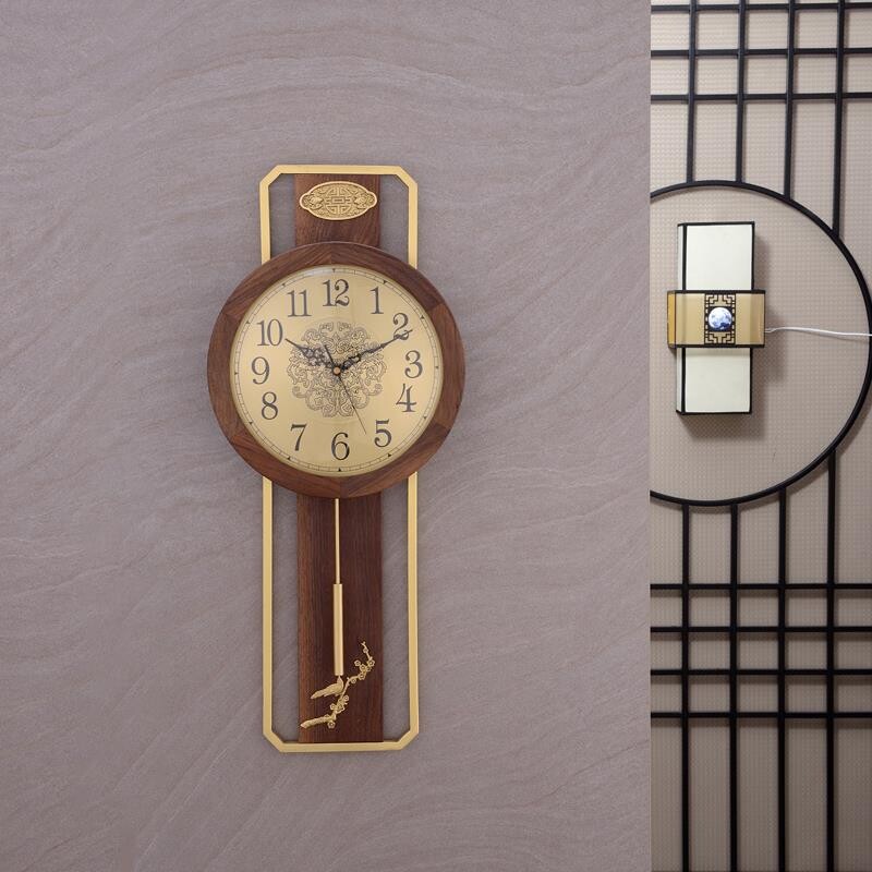 High end New Chinese pure copper hanging bell Living room hanging wall Light Extravagant Walnut Wood China Wind Pendulum Clock Performance Décor