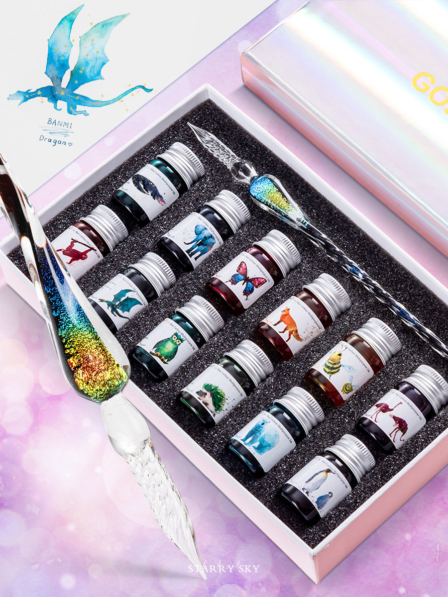 (Zhiyu department 12 colors)Elf color ink glass pen ink set dip pen Crystal diamond pen dip pen Student starry net red with the same pen gold powder practice color ink gift box