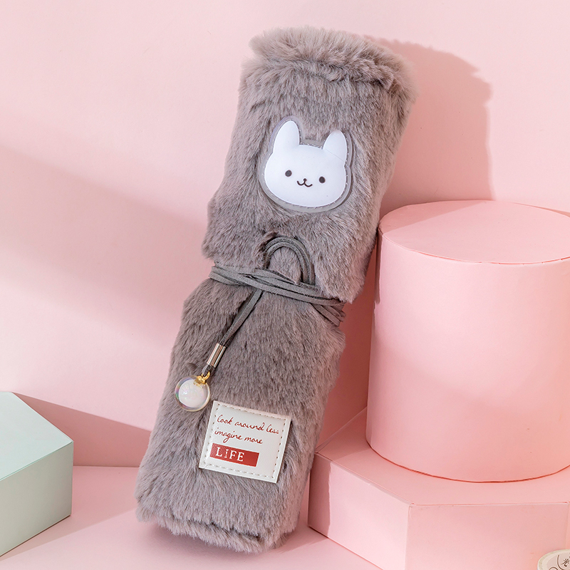 Plush Grey CatSuper cute ins Plush Pencil case female Korean version college student lovely Stationery pencil case personality high-capacity Cartoon pencil case originality junior school student Pencil case  For students Simplicity Insert pen bag