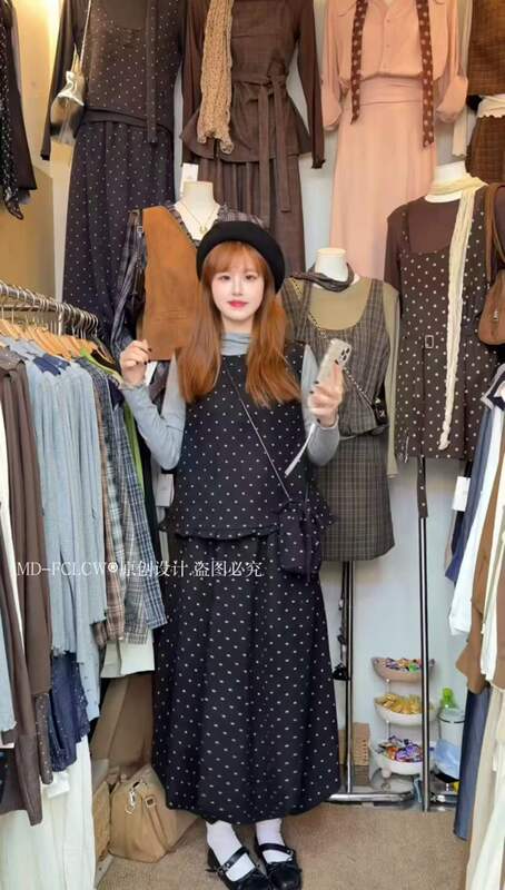 A Bubblegum-Colored Korean-Style Polka Dot Vest + Base Shirt + Floral Skirt Three-Piece Set for Women A Bubblegum-Colored Korean-Style Polka Dot Vest + Base Shirt + Floral Skirt Three-Piece Set for Women