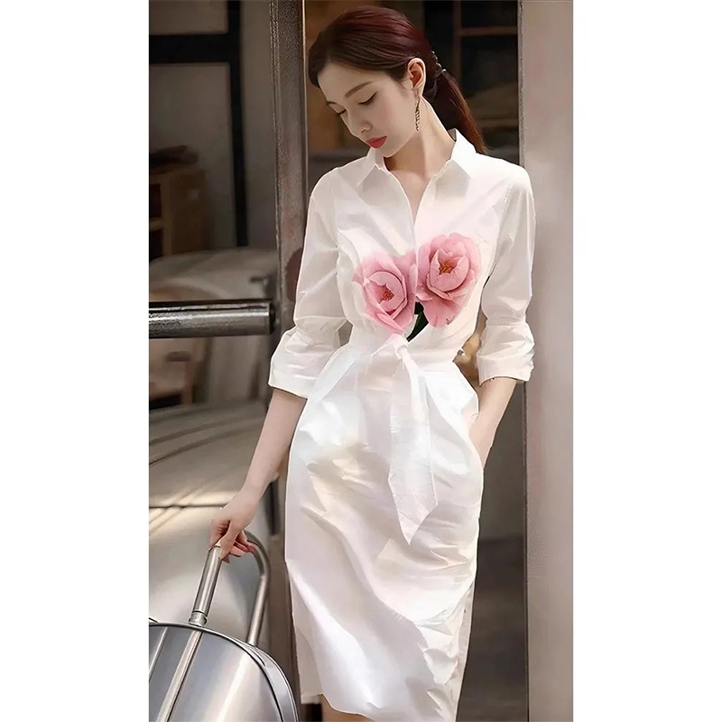 French-Style Unique and Beautiful Mini Dress, Fashionable and Casual White Printed Shirt Dress for Women, Spring and Autumn 2025 New Style French-Style Unique and Beautiful Mini Dress, Fashionable and Casual White Printed Shirt Dress for Women, Spring and Autumn 2025 New Style